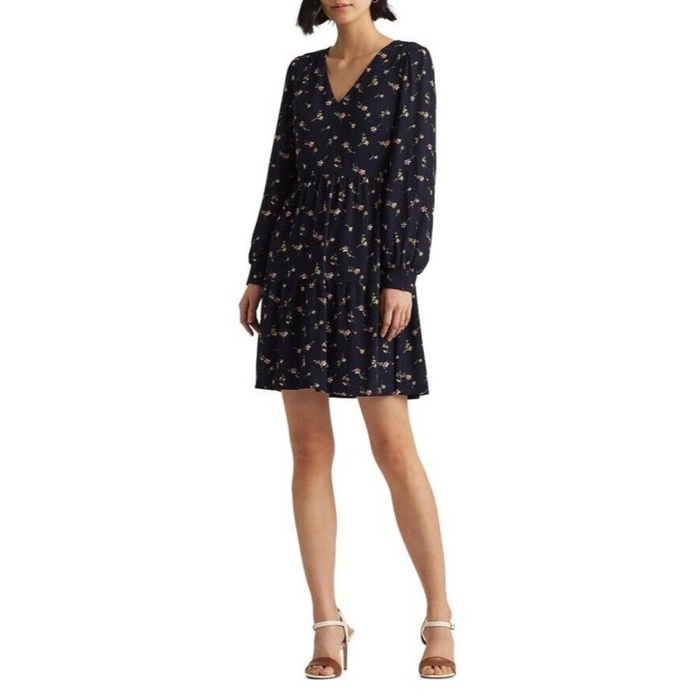Lauren Ralph Lauren Dress Blue Floral V Neck Long Sleeve